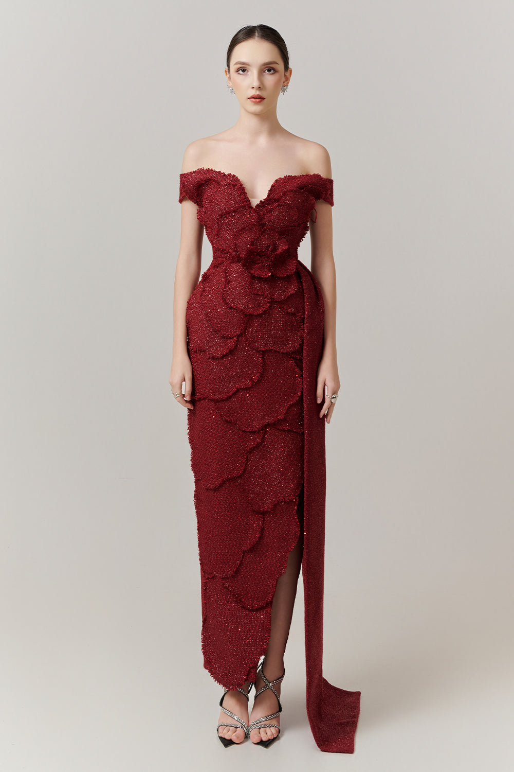 Rosette Off-Shoulder Applique Maxi Dress -