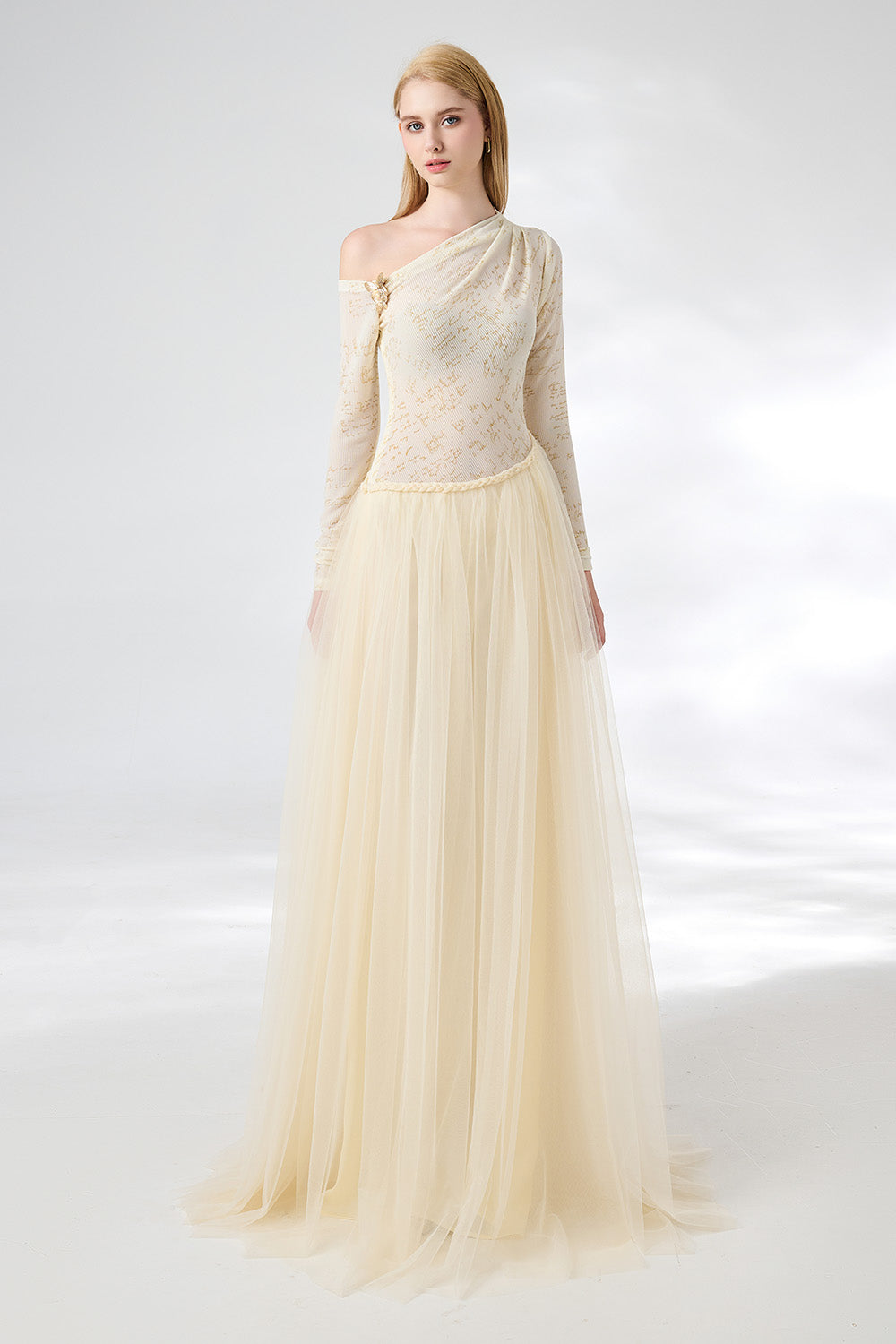 Huffman Gathered Asymmetric Sleeved Cotton Mesh Floor Length Dress