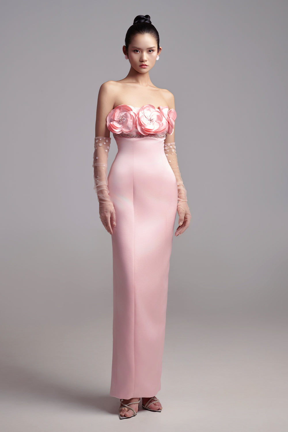 Alexia Sheath Flower Applique Taffeta Maxi Dress