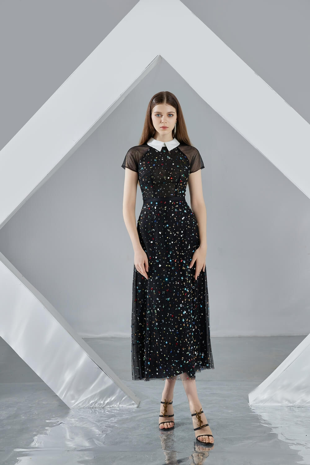 Christina A-line Short Sleeved Mesh Sheer Midi Dress