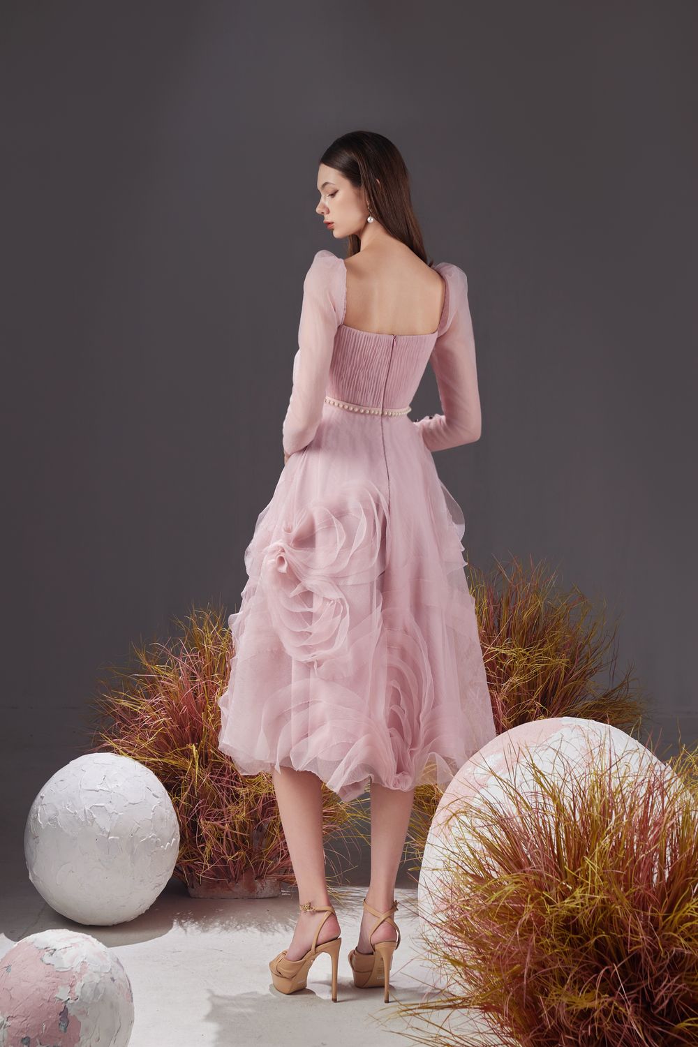 Sherman Fit and Flare Leg Of Mutton Sleeved Organza Knee-length Dress