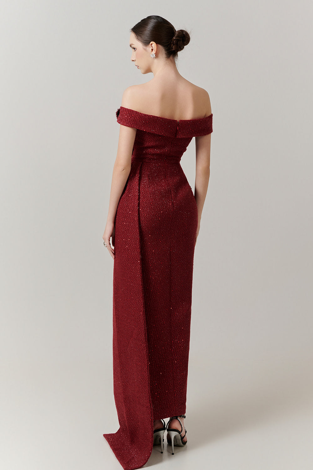 Rosette Off-Shoulder Applique Maxi Dress
