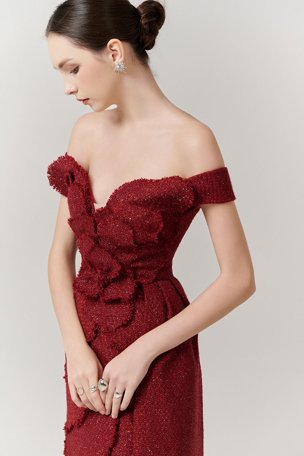 Rosette Off-Shoulder Applique Maxi Dress