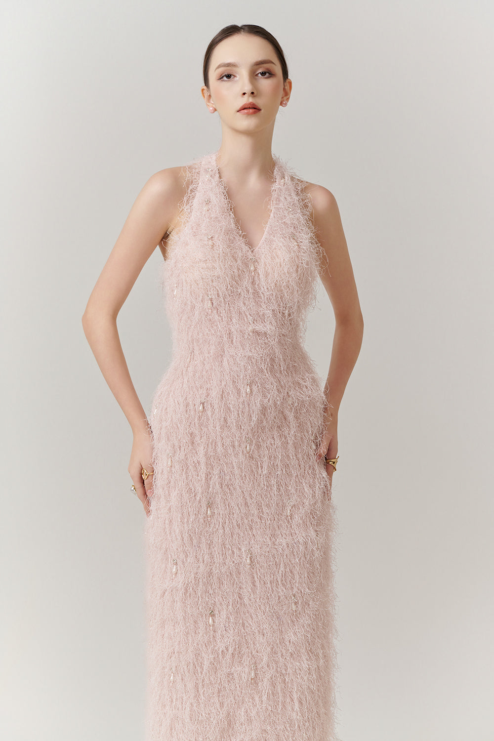 Celeste Halter Feather Maxi Dress
