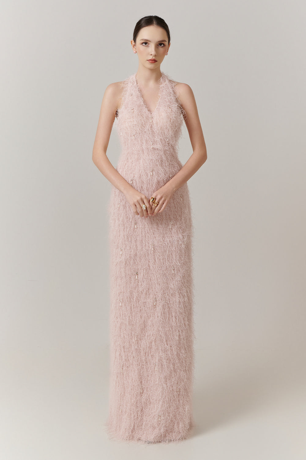 Celeste Halter Feather Maxi Dress