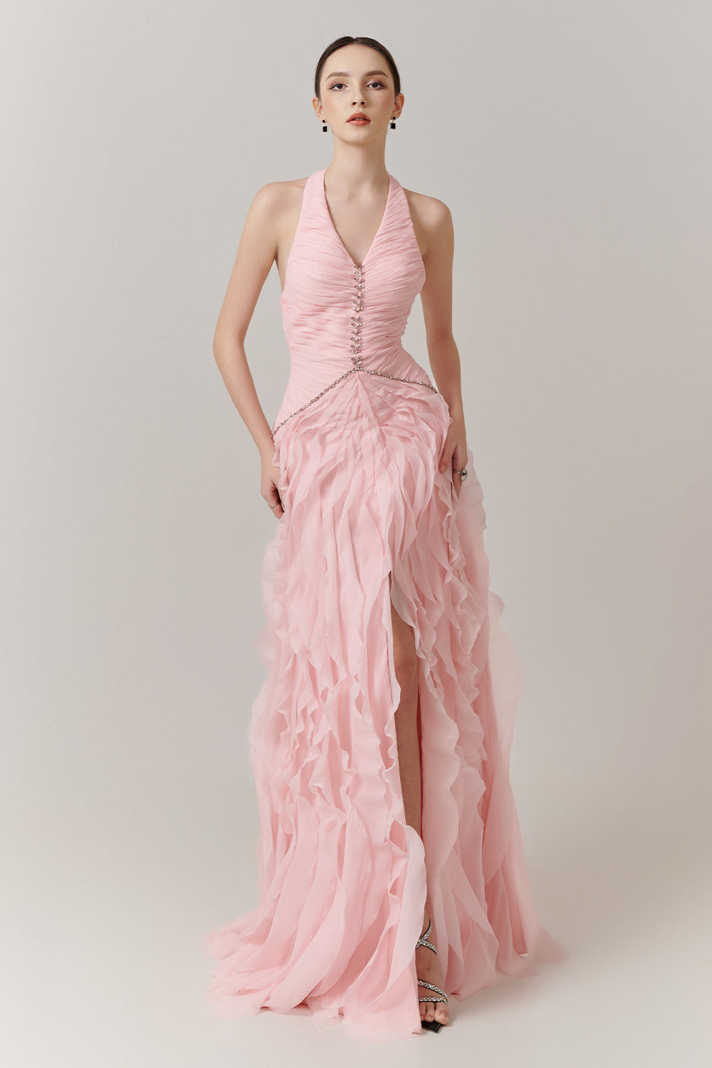Cascade Halter Ruffle Maxi Dress