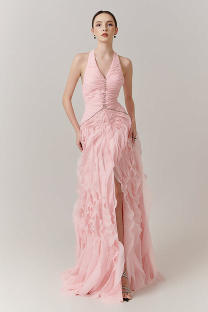 Cascade Halter Ruffle Maxi Dress