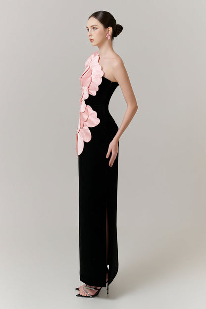Vera Asymmetric Neck Applique Maxi Dress