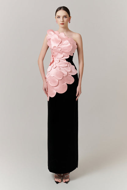 Vera Asymmetric Neck Applique Maxi Dress
