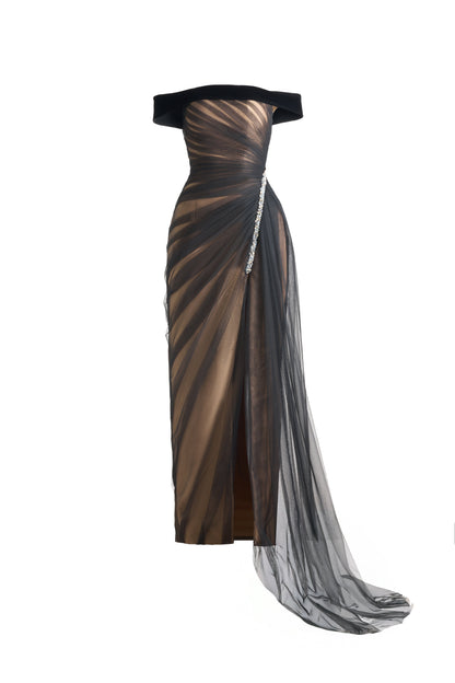 Hazel Slit Off-Shoulder Organza Maxi Dress
