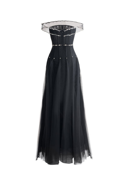 Jayleen Gored Off-Shoulder Organza Maxi Dress