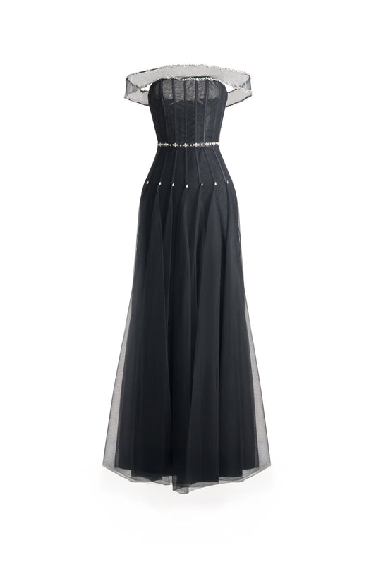 Jayleen Gored Off-Shoulder Organza Maxi Dress