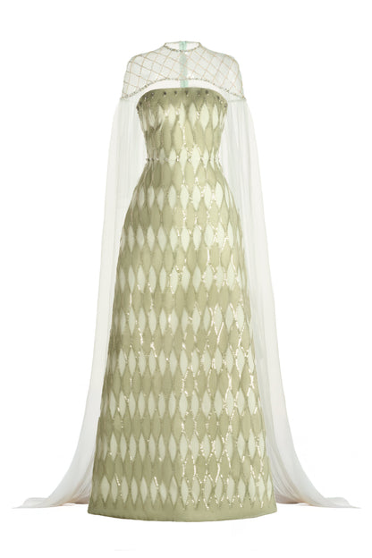 Monica A-line Cape Shoulder Mesh Maxi Set