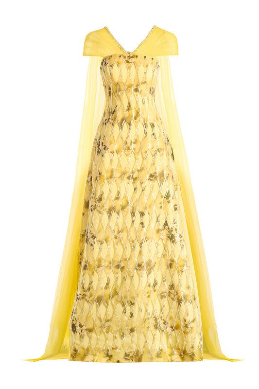 Annalise Ball Gown Cape Sleeved Polyester Maxi Dress