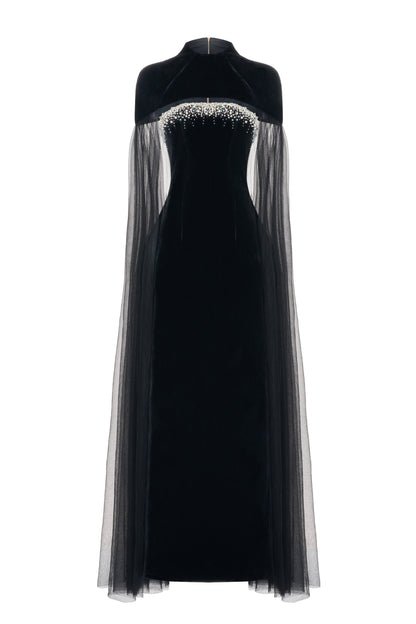 Paisleigh Sheath Cape Shoulder Velvet Maxi Set