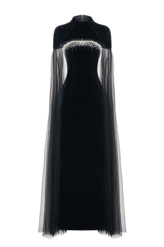 Paisleigh Sheath Cape Shoulder Velvet Maxi Set