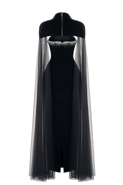 Paisleigh Sheath Cape Shoulder Velvet Maxi Set