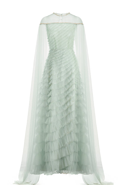 Blakely Ball Gown Cape Sleeved Organza Maxi Dress
