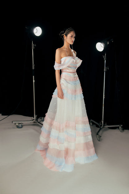 Dallasy Fit and Flare Off-Shoulder Organza Floor Length Dress