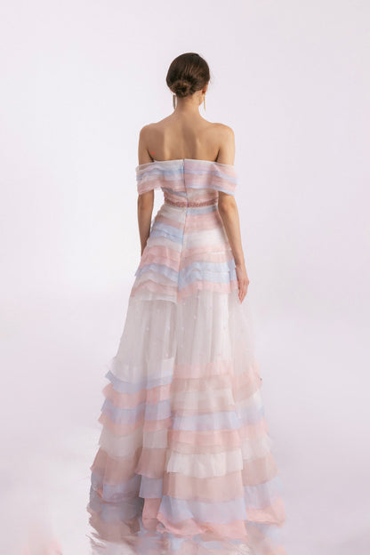 Dallasy Fit and Flare Off-Shoulder Organza Floor Length Dress