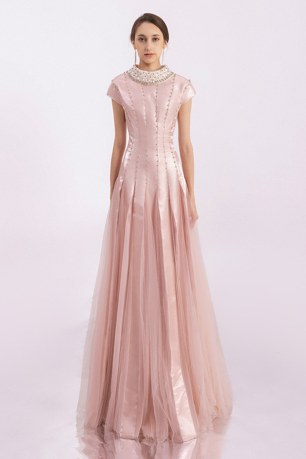 Crane Gored Stone Mesh Silk Floor Length Dress