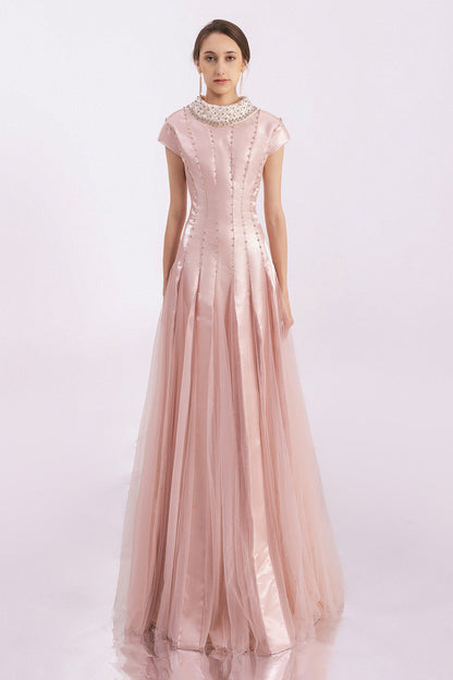 Crane Gored Stone Mesh Silk Floor Length Dress