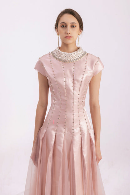 Crane Gored Stone Mesh Silk Floor Length Dress