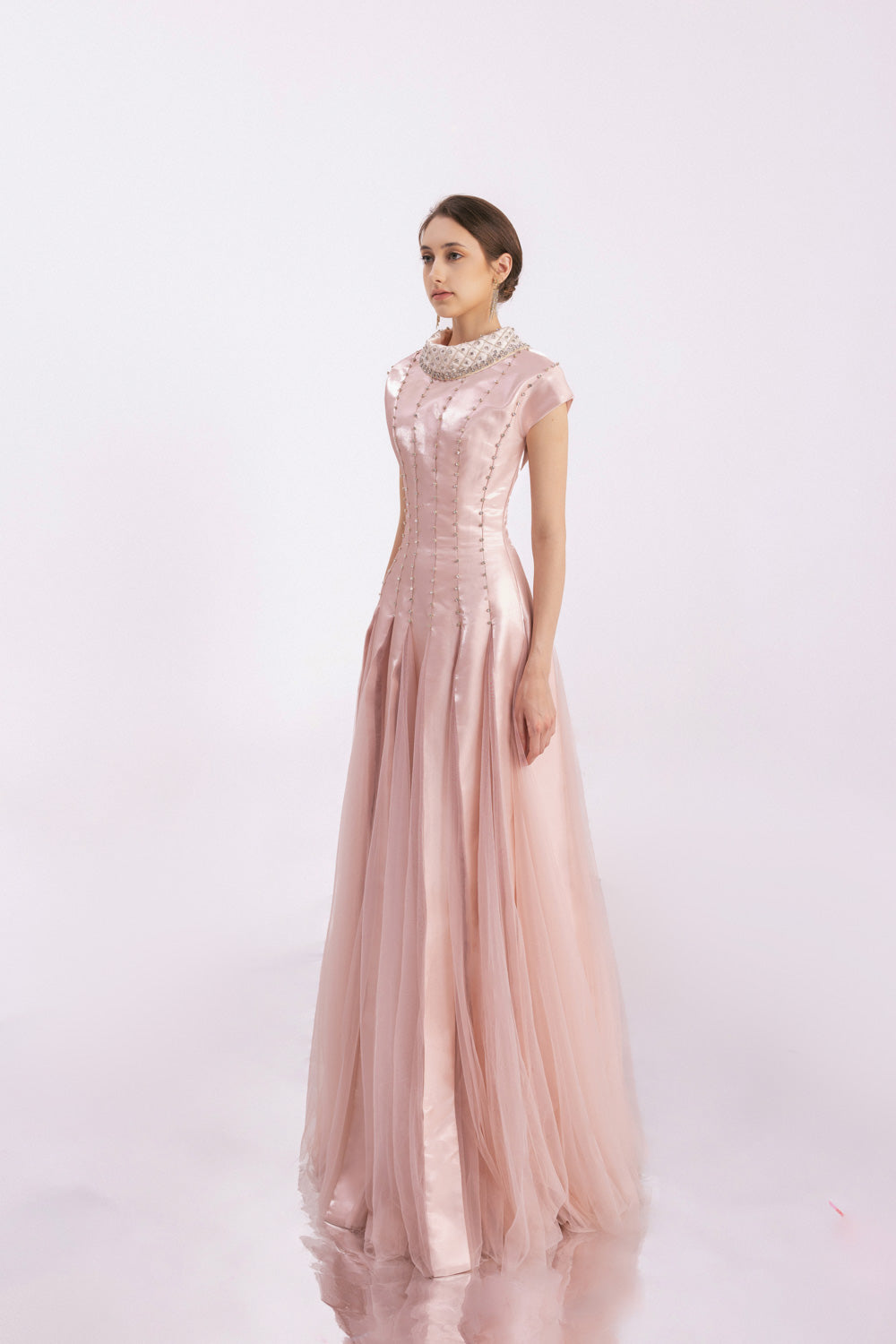 Crane Gored Stone Mesh Silk Floor Length Dress