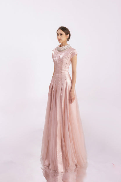 Crane Gored Stone Mesh Silk Floor Length Dress