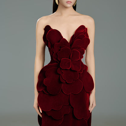Velour Pegged Flower Applique Polyester Midi Dress