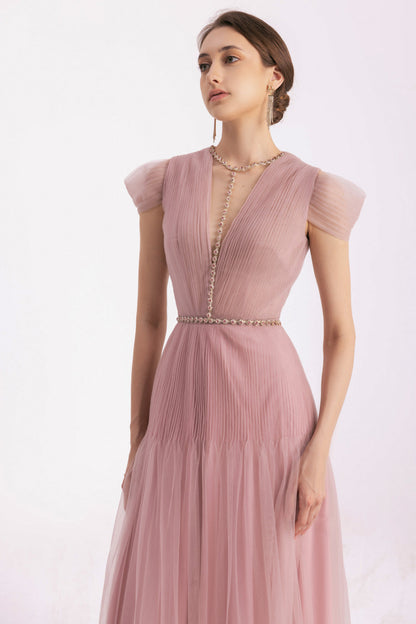 Calla A-line Pleated Chest Organza Floor Length Dress