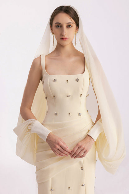 Sylvia Sheath Square Neck Twill Floor Length Dress