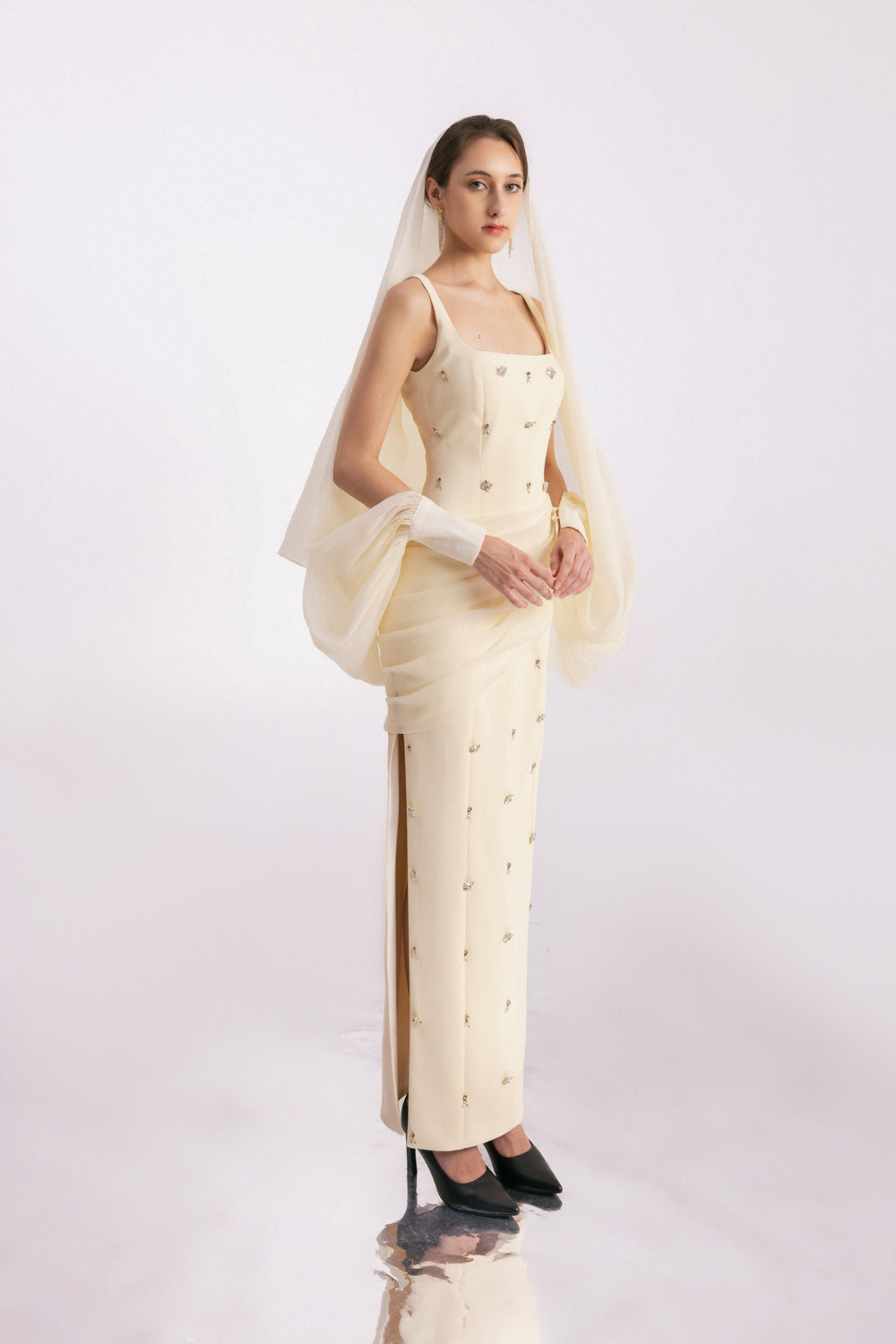 Sylvia Sheath Square Neck Twill Floor Length Dress