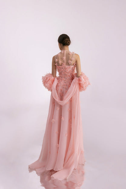 Novak Ball Gown Flower Applique Silk Organza Floor Length Dress