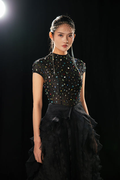 Lowery Layered Stone Organza Floor Length Dress