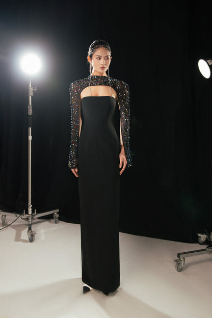 Aislinn Sheath Cape Sleeved Twill Floor Length Set