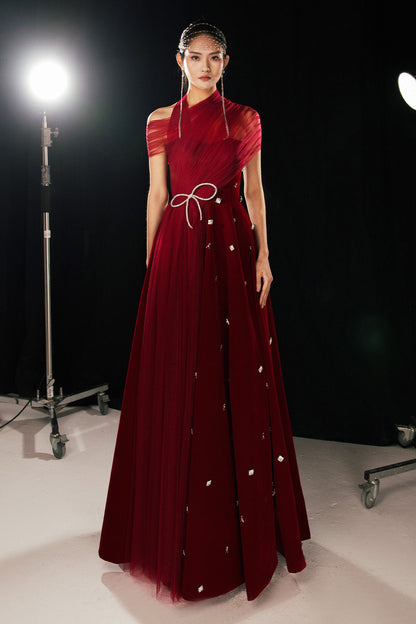 Duarte Fit and Flare Crossover Mesh Silk Floor Length Dress