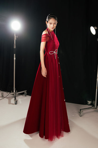 Duarte Fit and Flare Crossover Mesh Silk Floor Length Dress