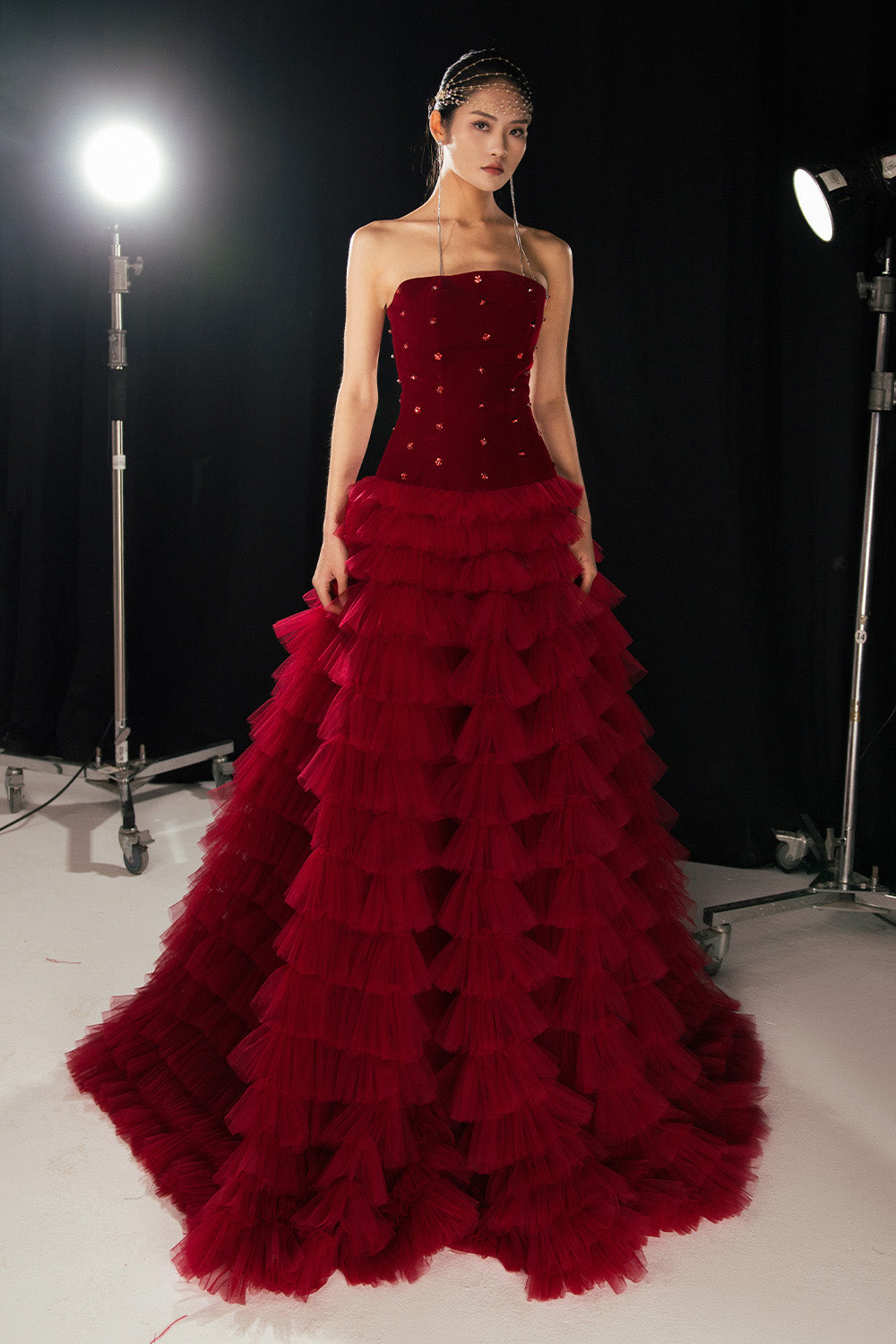 Cuevas Ball Gown Ruffle Layer Mesh Silk Floor Length Dress