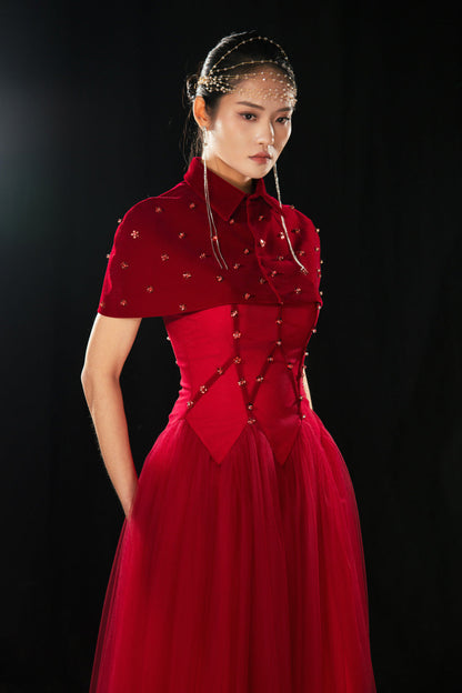 Grayson Gathered Collared Neck Twill Floor Length Set
