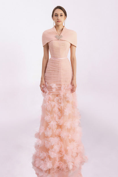 Olson Mermaid Cape Shoulder Organza Floor Length Dress