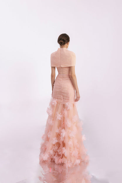 Olson Mermaid Cape Shoulder Organza Floor Length Dress