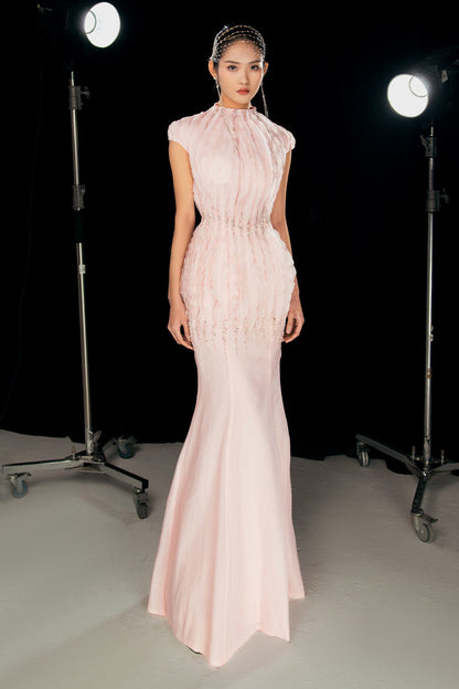 Rhodes Mermaid Cap Sleeved Silk Organza Floor Length Dress