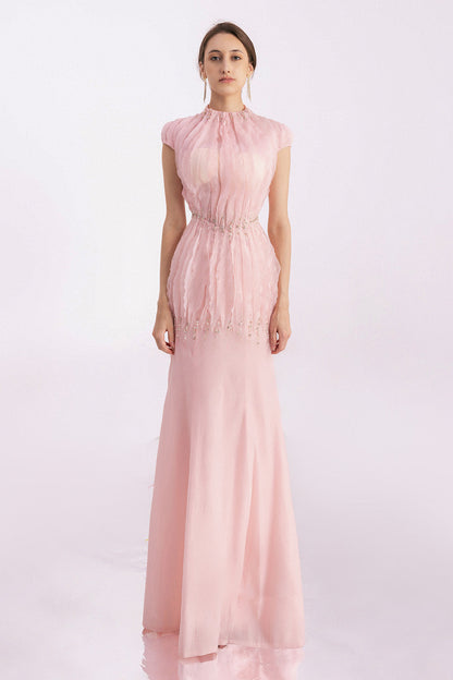 Rhodes Mermaid Cap Sleeved Silk Organza Floor Length Dress