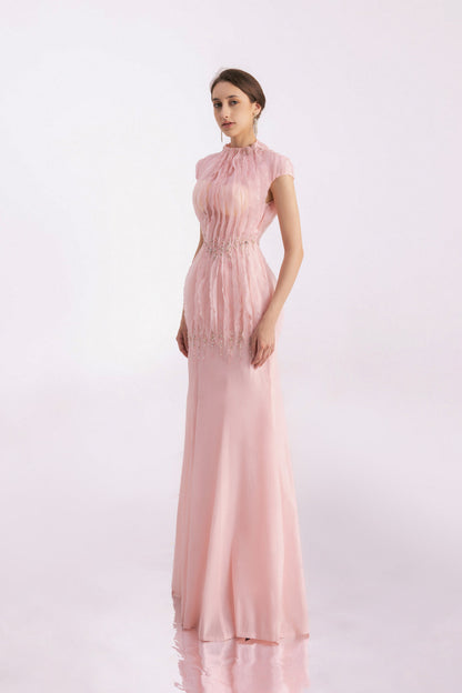 Rhodes Mermaid Cap Sleeved Silk Organza Floor Length Dress