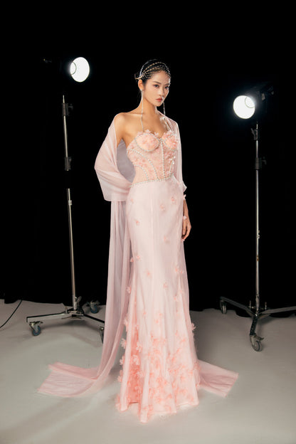Gilmore Mermaid Semi-Heart Neck Organza Floor Length Dress
