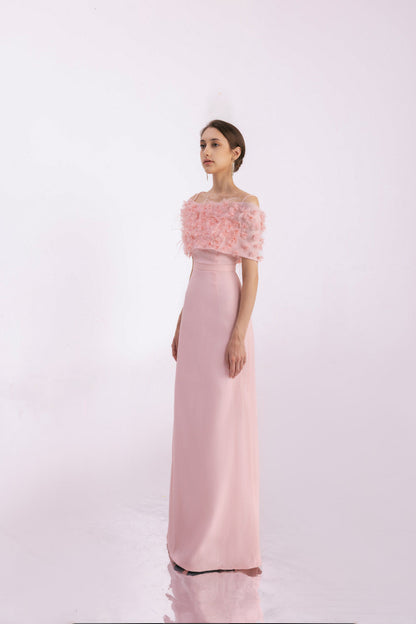Kamila A-line Flower Applique Mesh Taffeta Floor Length Dress