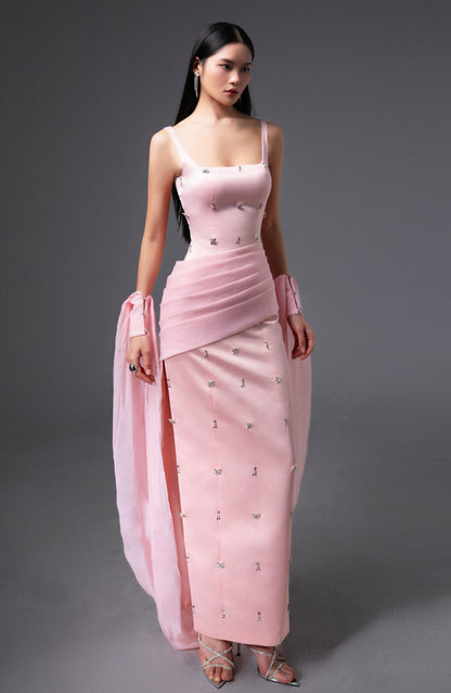 Sylvia Sheath Square Neck Twill Floor Length Dress