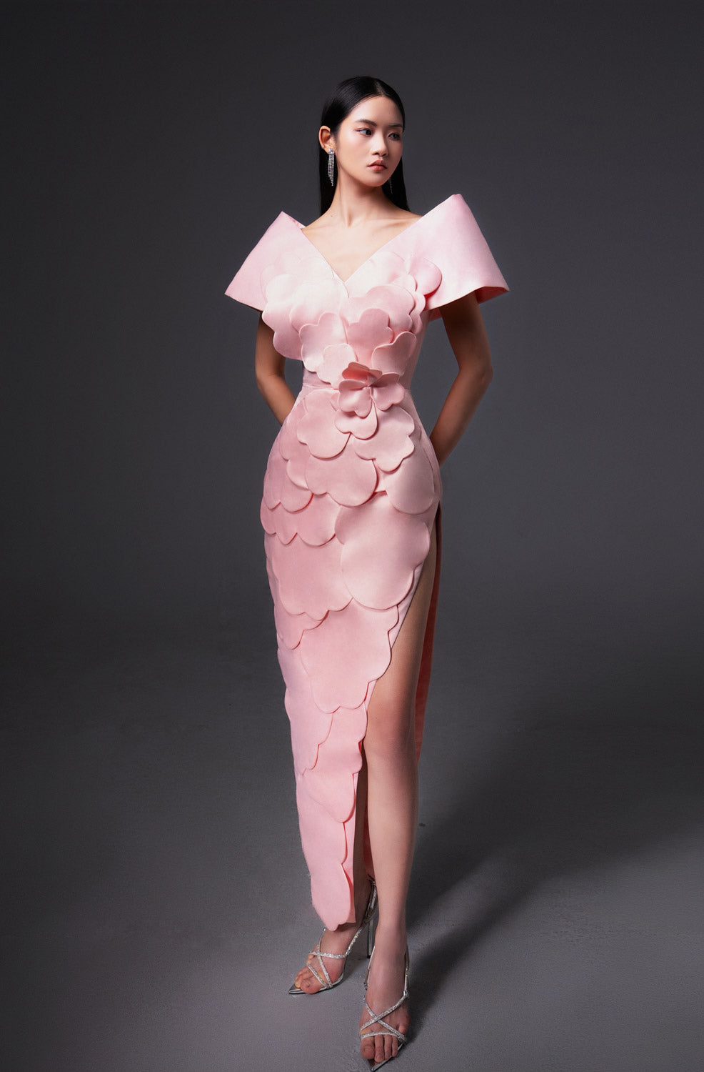 Glenn Slit Flower Applique Polyester Maxi Dress