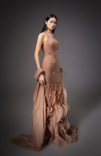 Potter Mermaid Jewel Neck Organza Floor Length Dress